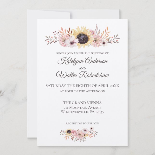 Sunflower Bouquet Country Style Wedding Invitation (Front)