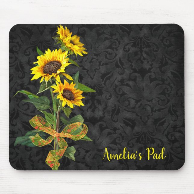 Sunflower Bouquet on Black Damask Mouse Mat (Front)