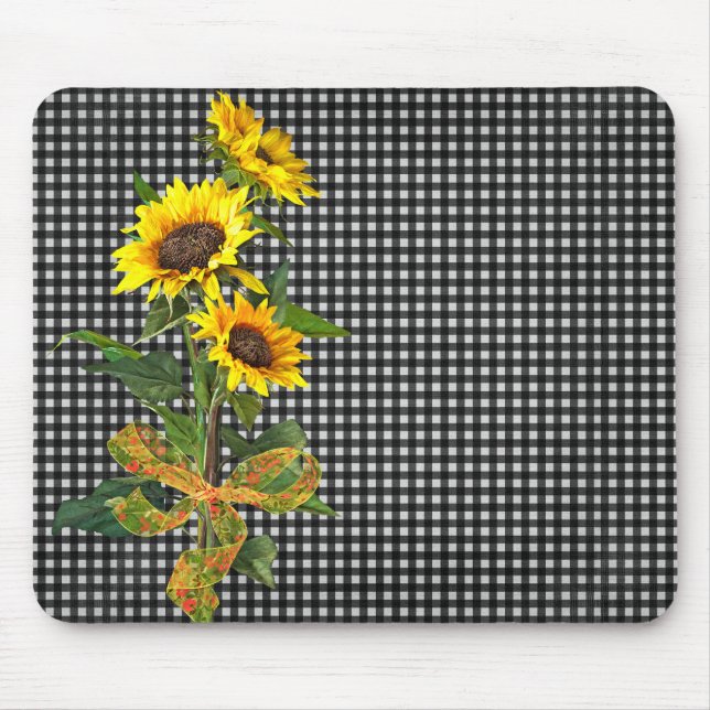 Sunflower Bouquet on Black Gingham Mouse Mat (Front)