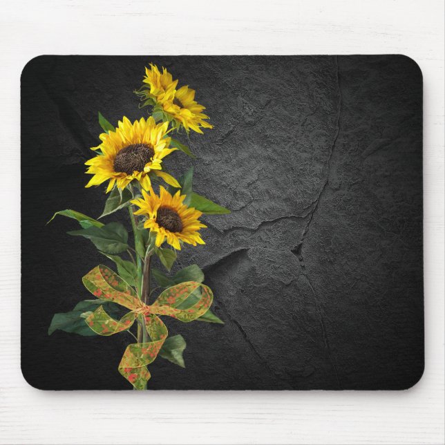 Sunflower Bouquet on Black Stone Mouse Mat (Front)