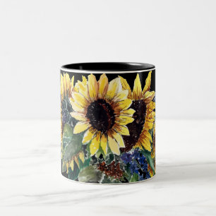 Sunflower Bouquet on Black Two-Tone Coffee Mug