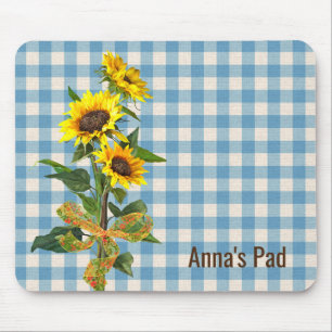Sunflower Bouquet on Blue Gingham Mouse Pad