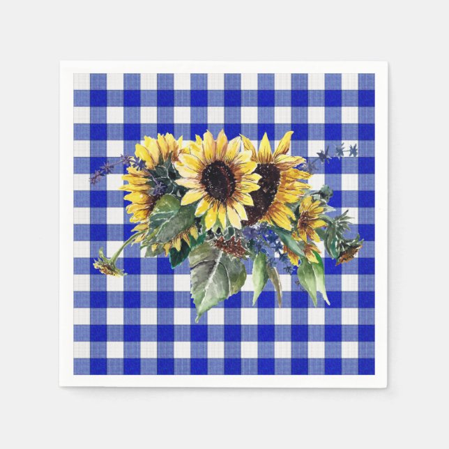 Sunflower Bouquet on Blue Gingham Napkin (Front)