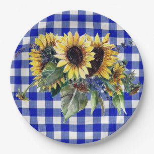 Sunflower Bouquet on Blue Gingham Paper Plate