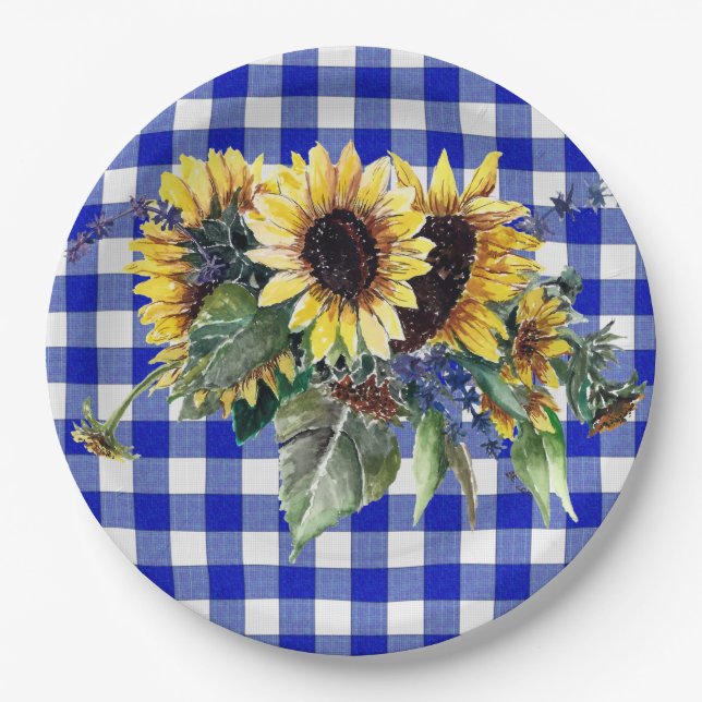 Sunflower Bouquet on Blue Gingham Paper Plate (Front)