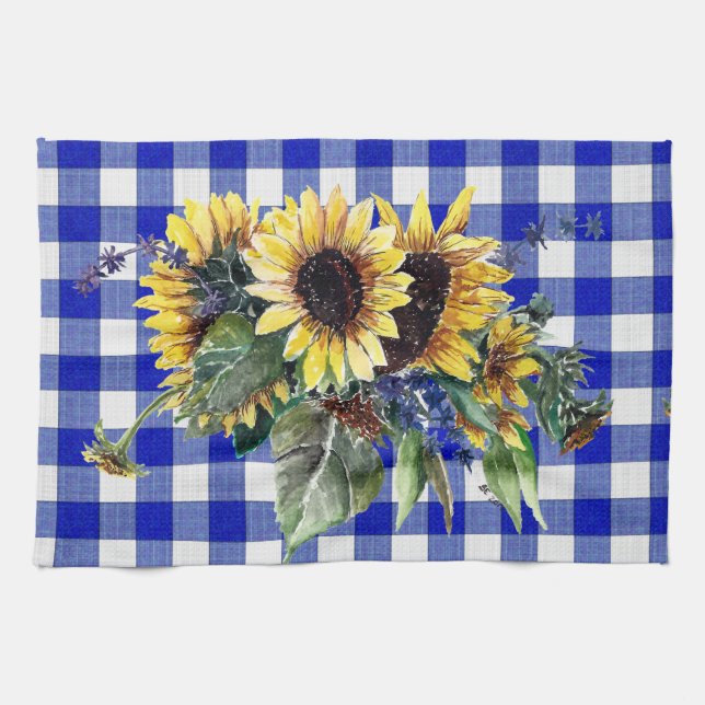 Sunflower Bouquet on Blue Gingham Tea Towel (Horizontal)