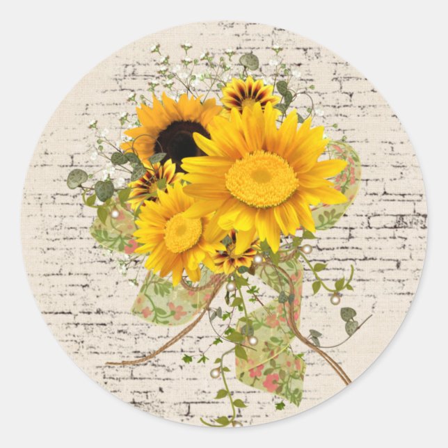 Sunflower Bouquet on Brick Classic Round Sticker (Front)