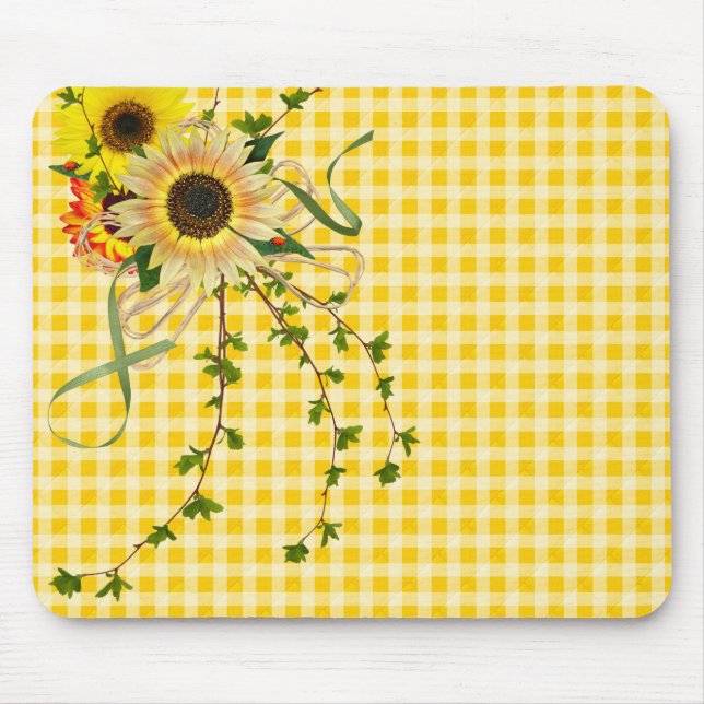 Sunflower Bouquet on Gingham Mouse Mat (Front)