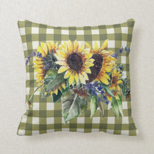 Sunflower Bouquet on Green Gingham Cushion