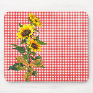 Sunflower Bouquet on Red Gingham Mouse Mat
