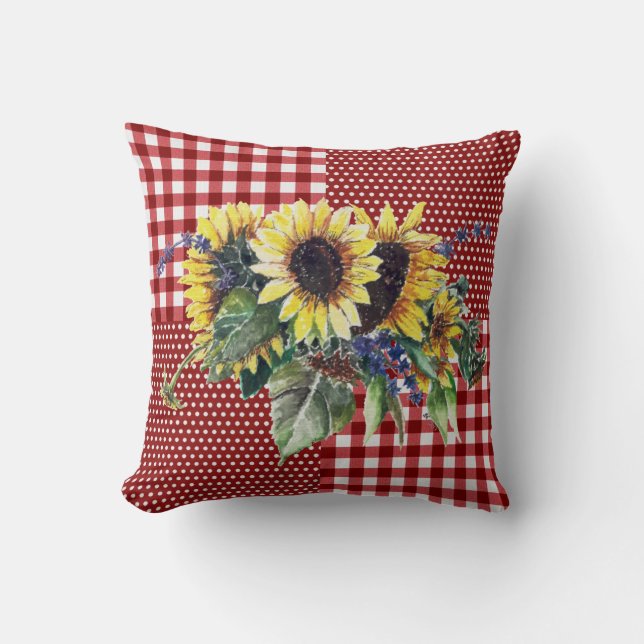 Sunflower Bouquet on Red Gingham Pattern Cushion (Front)