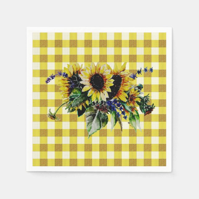 Sunflower Bouquet on Yellow Gingham Napkin (Front)