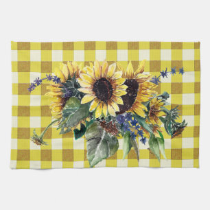 Sunflower Bouquet on Yellow Gingham Tea Towel