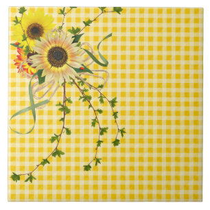 sunflower bouquet on yellow gingham tile