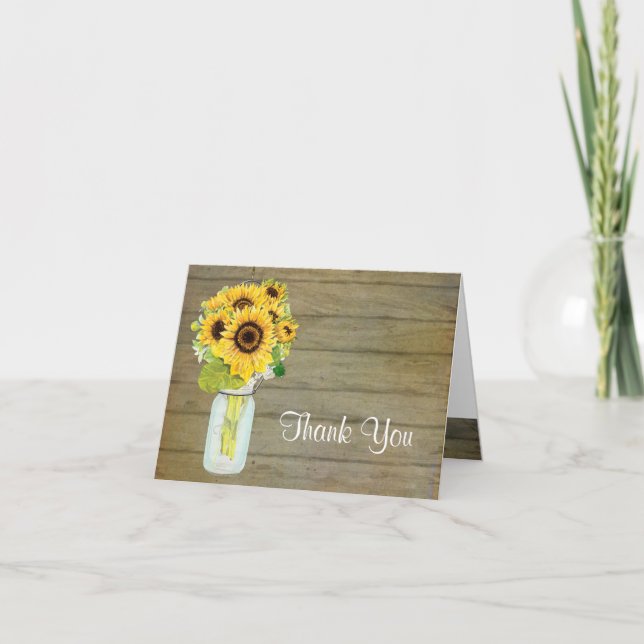 Sunflower Bouquet Rustic Country Mason Jar Flowers Thank You Card (Front)