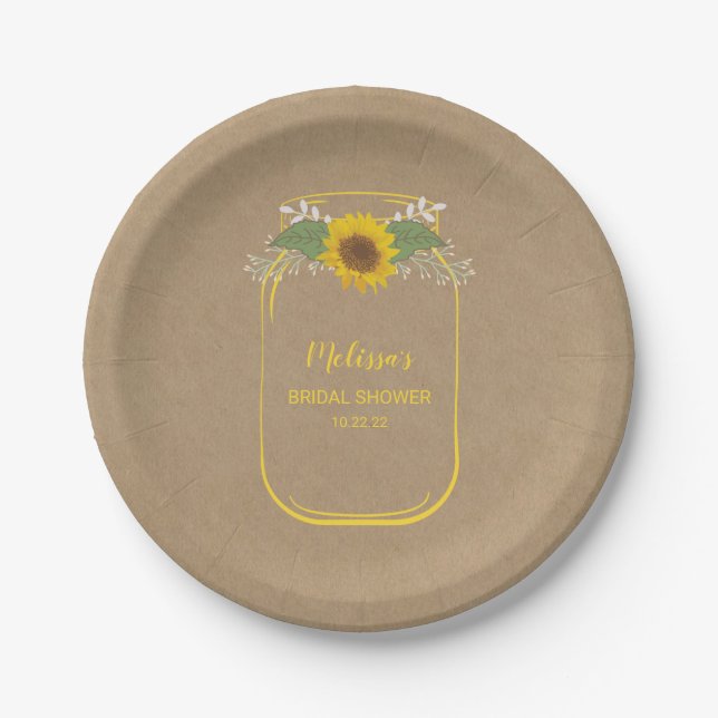 Sunflower bridal shower decor, mason jar theme paper plate (Front)