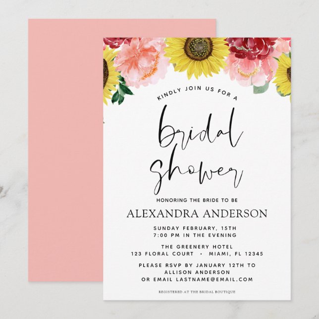 Sunflower Bridal Shower Floral Blush Pink Invitation (Front/Back)