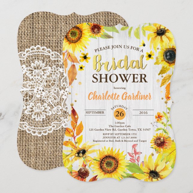 Sunflower bridal shower invitation rustic wood (Front/Back)