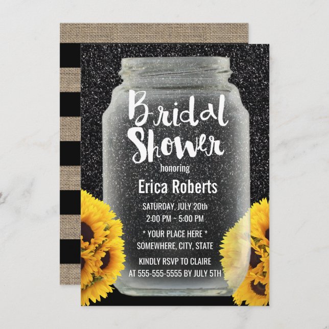 Sunflower Bridal Shower Mason Jar Black Glitter Invitation (Front/Back)
