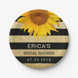 Sunflower Bridal Shower Modern Black & Gold Stripe Paper Plate