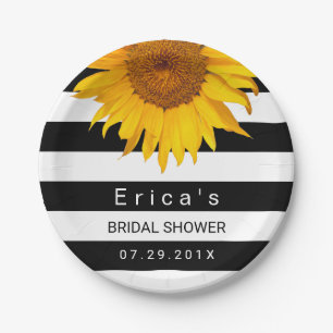Sunflower Bridal Shower Modern Black White Stripes Paper Plate
