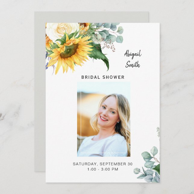 Sunflower Bridal Shower Photo Eucalyptus Invitation (Front/Back)