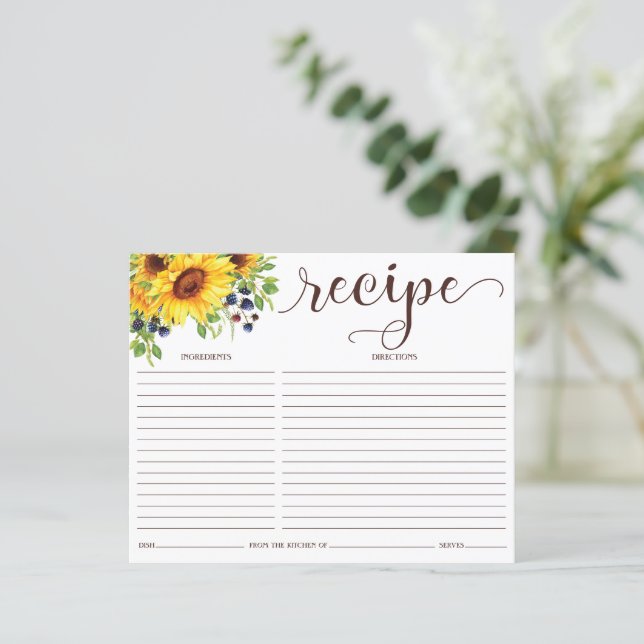 Sunflower Bridal Shower Recipe Card (Standing Front)