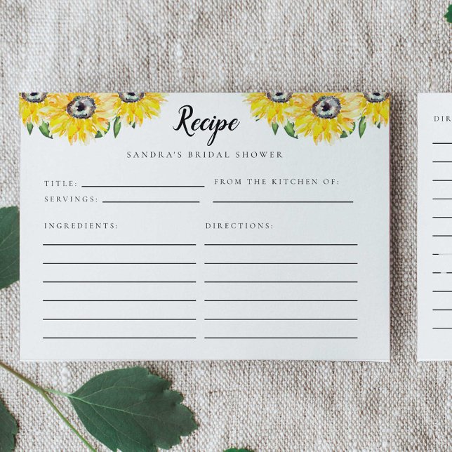 Sunflower Bridal Shower Recipe Card Watercolor  (Creator Uploaded)
