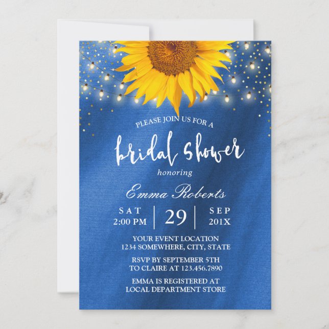 Sunflower Bridal Shower String Lights Navy Blue Invitation (Front)