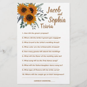 SUNFLOWER BRIDE & GROOM TRIVIA SHOWER GAME CARD