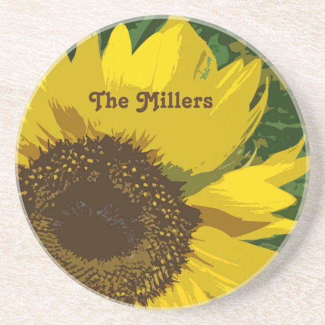 Sunflower Bright Yellow Flower Family Name Floral Coaster (Front)