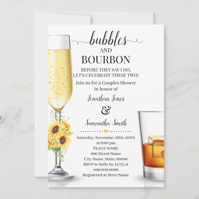 Sunflower Bubbles & Bourbon before I do engagement Invitation (Front)