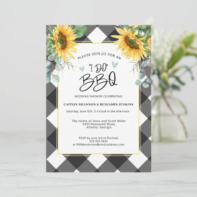 Sunflower Buffalo Plaid I Do BBQ Bridal Shower Invitation (Standing Front)
