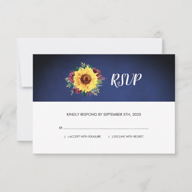 Sunflower Bugundy Rose Floral Navy Blue Wedding RSVP Card (Front)