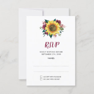 Sunflower Bugundy Rose Floral Wedding RSVP Card