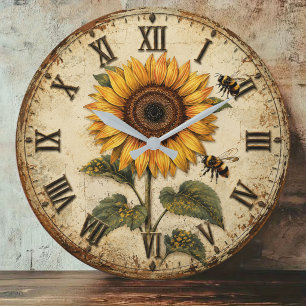 Sunflower & Bumble Bee Rustic Farmhouse Large Clock