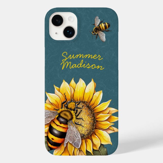 Sunflower Bumble Bees Floral Green Script Name Case-Mate iPhone Case (Back)