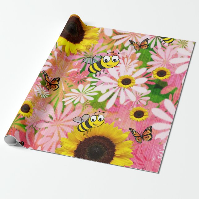 Sunflower Bumblebee Butterfly Matte Wrapping Paper (Unrolled)