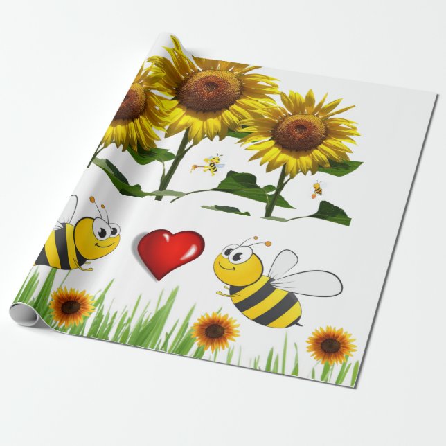 Sunflower Bumblebee Red HeartsMatte Wrapping Paper (Unrolled)