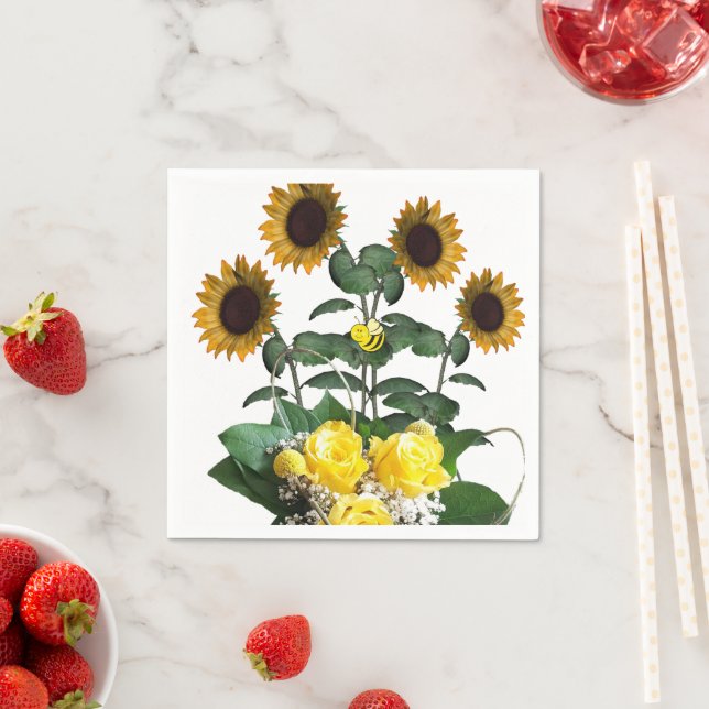 Sunflower Bumblebee Yellow Roses Paper Napkins (Insitu)