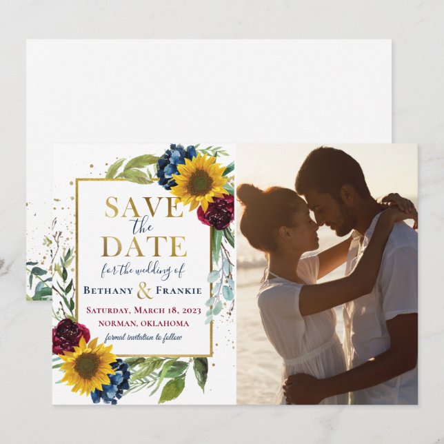 Sunflower Burgundy Blue Floral Photo Save The Date (Front/Back)