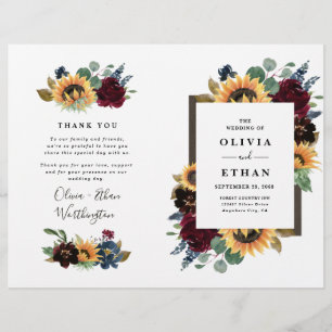 Sunflower Burgundy Blue Folded Wedding Programs