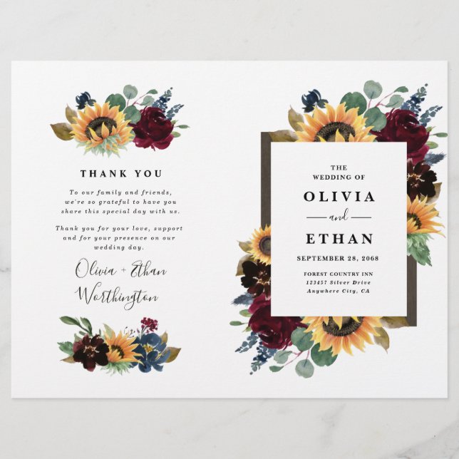 Sunflower Burgundy Blue Folded Wedding Programs (Front)