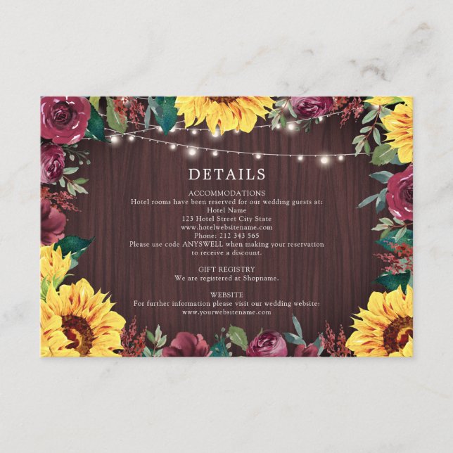 Sunflower Burgundy Border Lights Wedding Details Enclosure Card (Front)