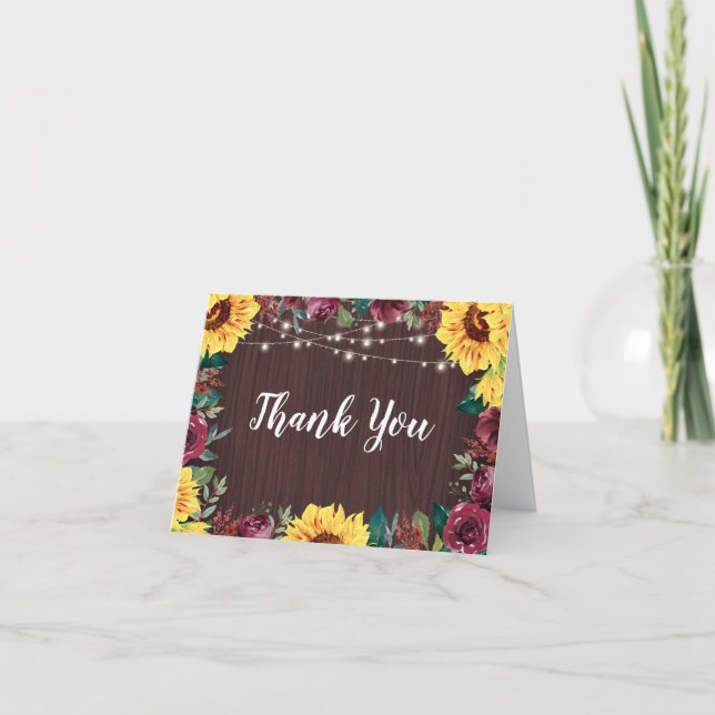 Sunflower Burgundy Border Wood Lights Wedding Thank You Card (Front)