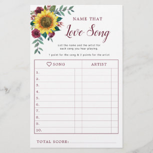 Sunflower Burgundy Bridal Shower Love Song Game