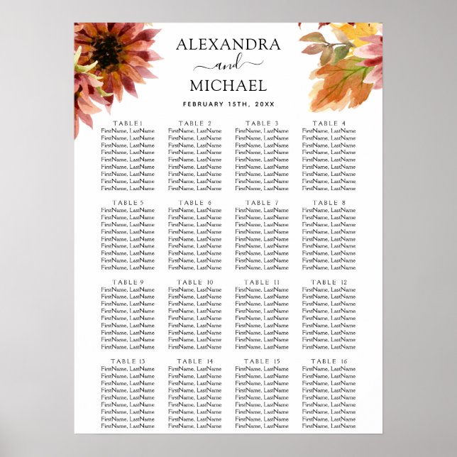 Sunflower Burgundy Country Wedding Seating Chart (Front)