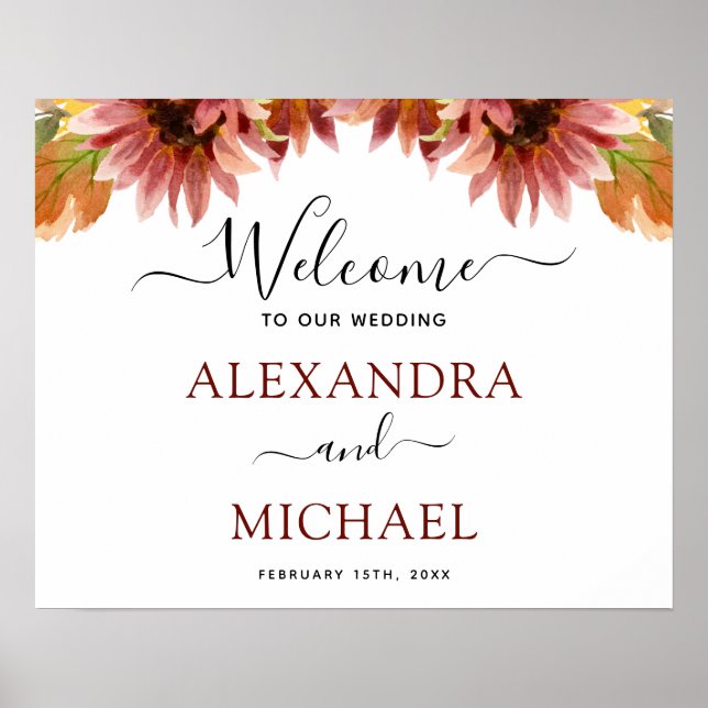 Sunflower Burgundy Country Wedding Welcome Sign (Front)