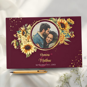 Sunflower Burgundy Elegant Photo Wedding Gold Guest Book