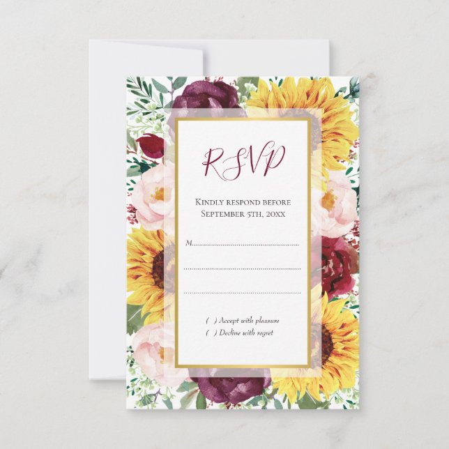 Sunflower Burgundy Fall Gold Floral Wedding RSVP Card (Front)